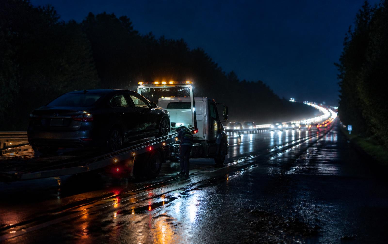 Flatbed tow truck loading a car on a rain-soaked highway shoulder at night
