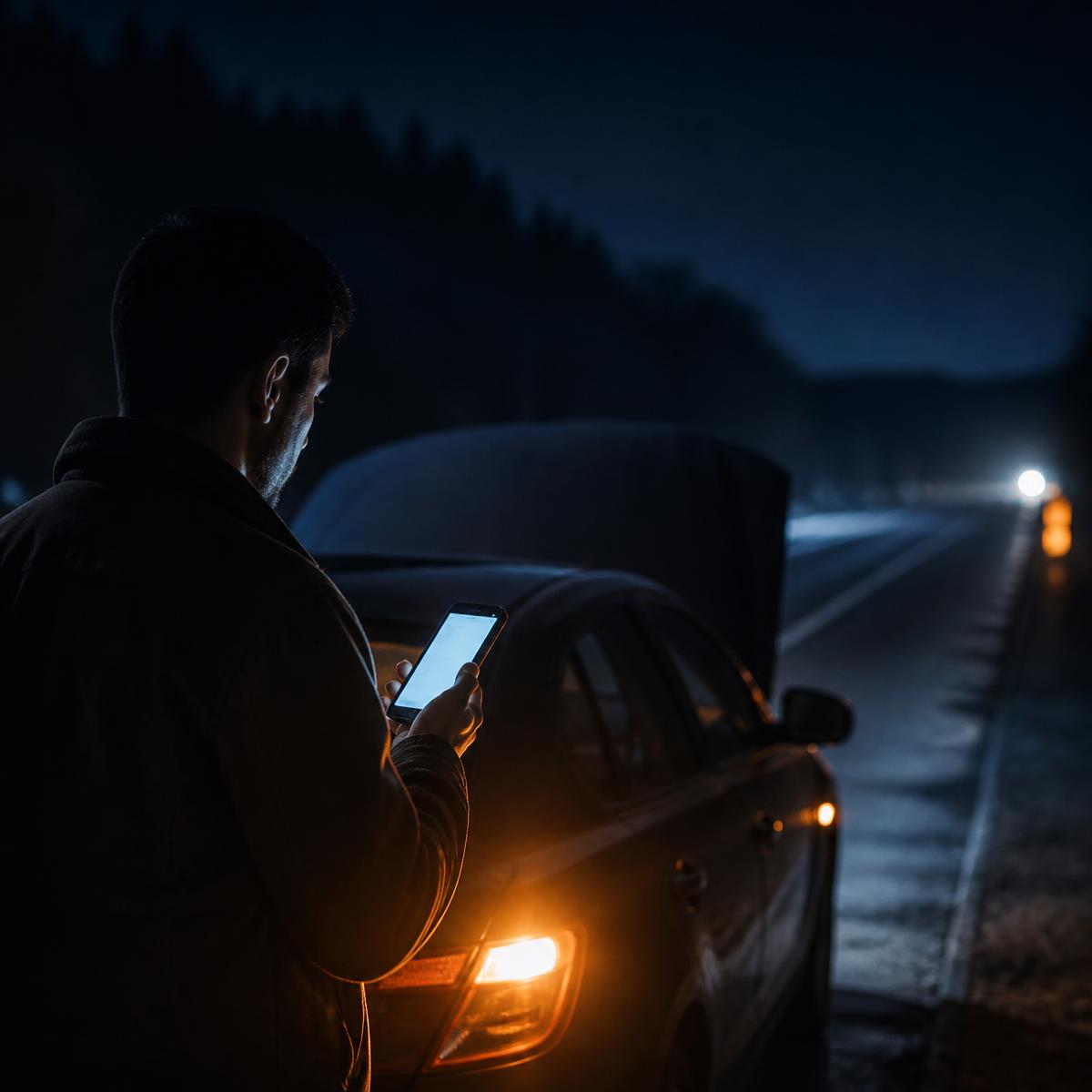 Stranded driver on a dark roadside searching for a tow truck on his phone